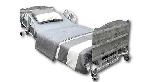 AllCareBed_BariatricHospital bed with wooden headboard on a white background