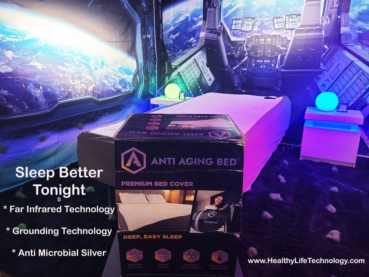 Full-size BioShield anti-aging bed cover by USA Med Bed, shown on a bed, designed for skincare and rejuvenation.