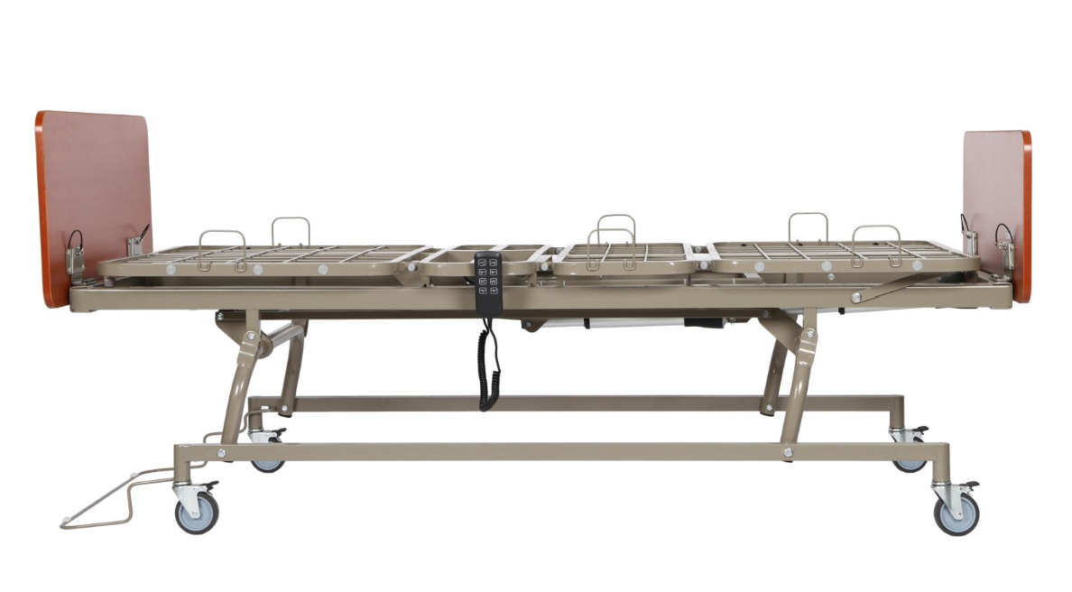 CostCare B310T long-term care low bed by Mr. Hospital Bed with adjustable side rails and a sturdy metal frame, designed for patient comfort.