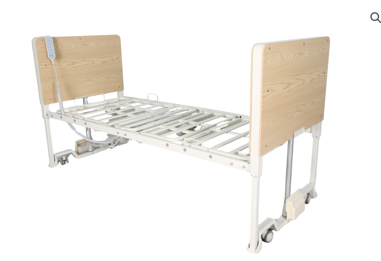 CostCare B420 Ultra Low Long-Term Care Bed by Mr. Hospital Bed, showing a sturdy hospital-style bed with adjustable side rails and a mattress.