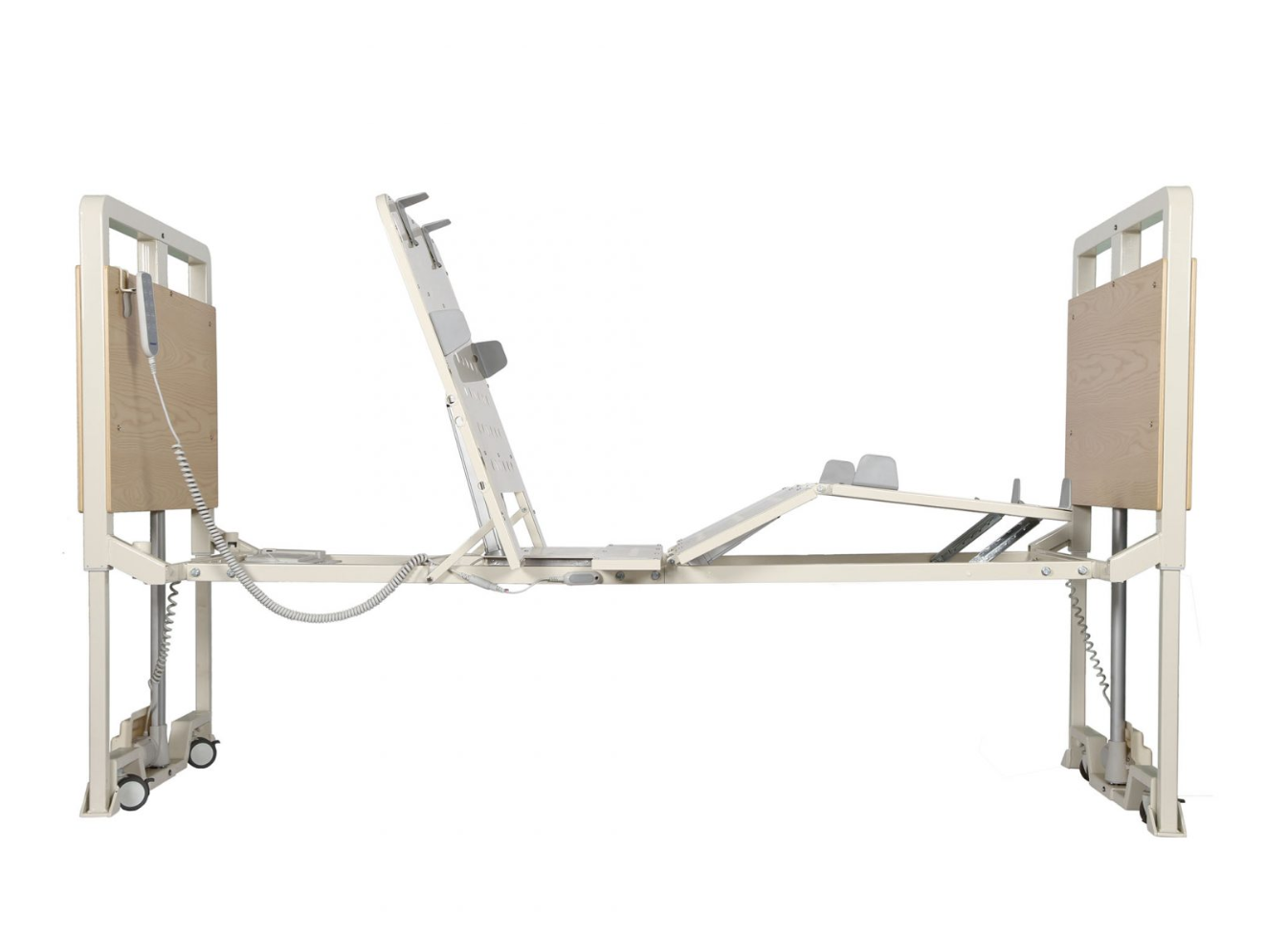 CostCare B437 Ultra Low Long-Term Care Bed by Mr. Hospital Bed, showing the adjustable hospital bed with side rails and control panel.