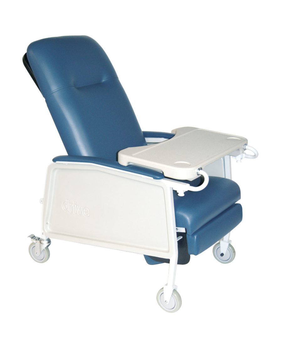 Blue recliner chair with a white tray on a white background