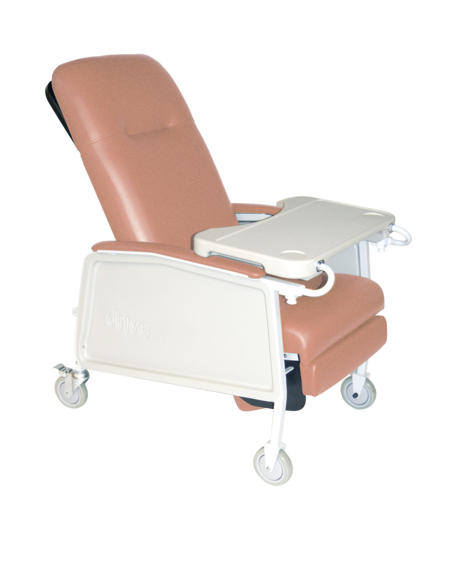 Medical recliner chair with armrest and tray on a white background
