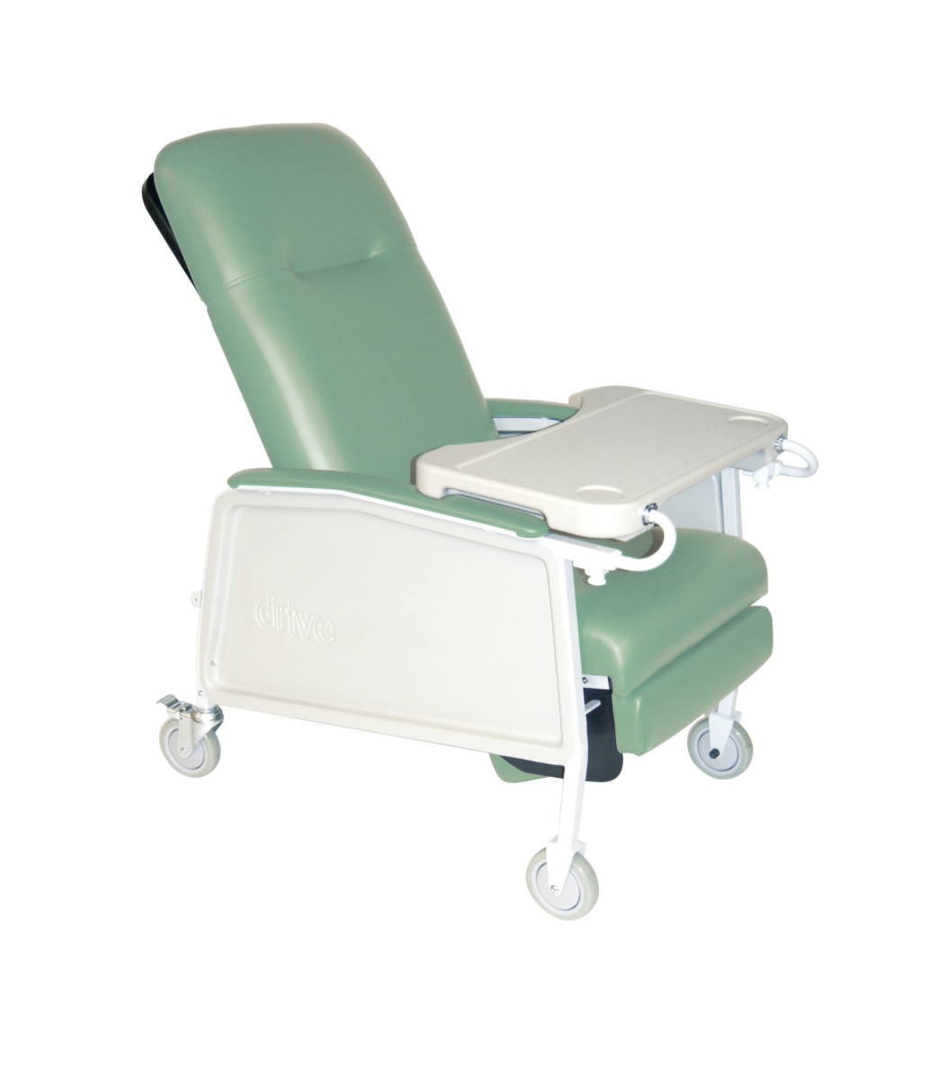 Green medical chair with a tray on a white background