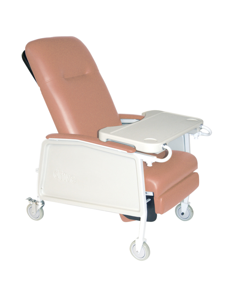 Rosewood recliner chair with a tray on a white background