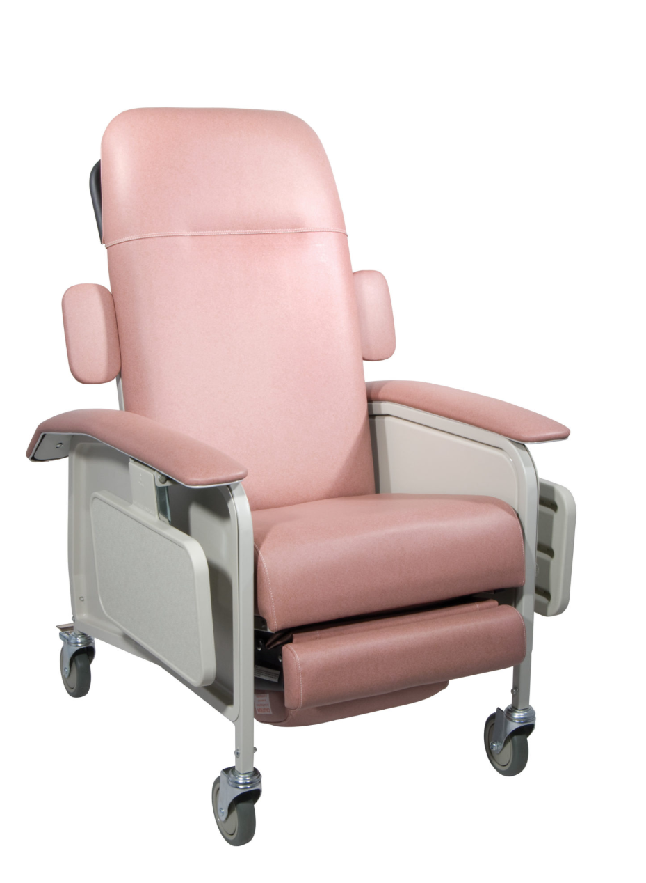 Pink patient recliner chair on a white background