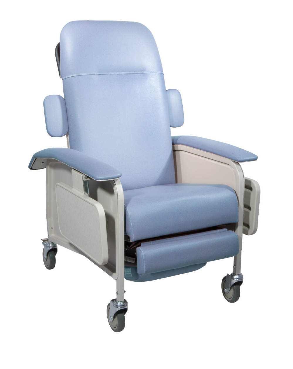 Blue patient recliner chair with wheels on a white background