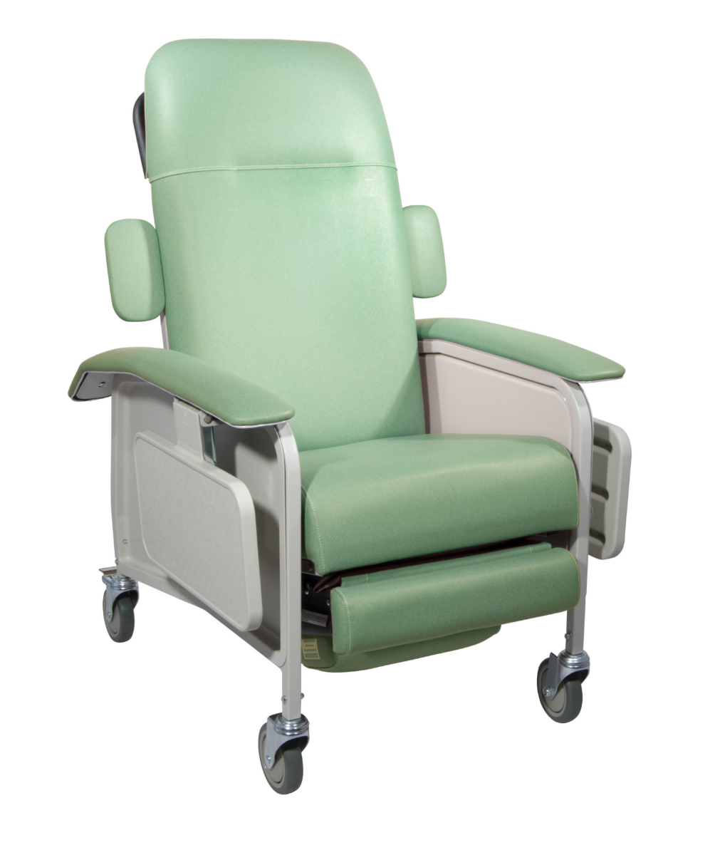 Green patient recliner chair on a white background