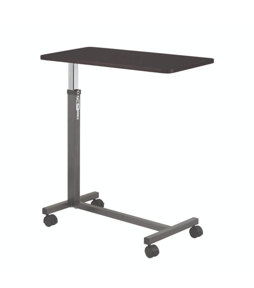 Adjustable height table with a dark surface on wheels against a white background
