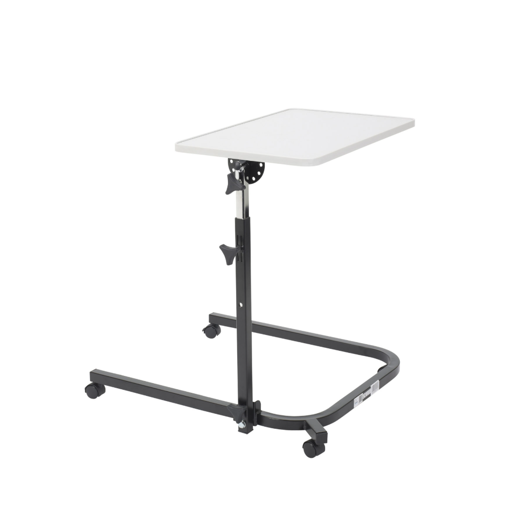 Adjustable height table with white surface on a white background