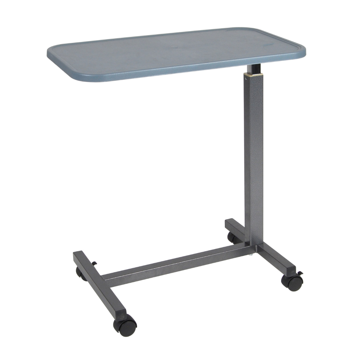 Adjustable height table with a gray top and base on a white background