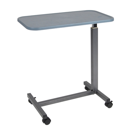 Adjustable height table with a gray top and base on a white background