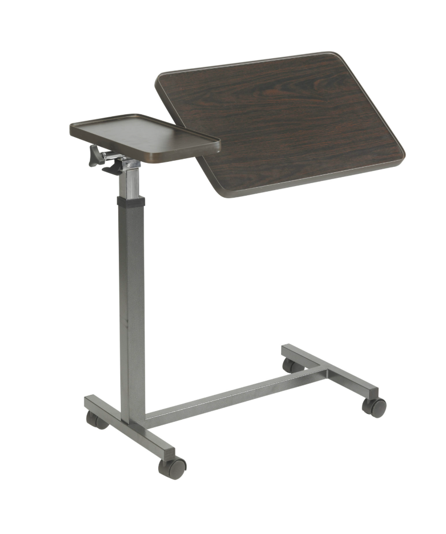 Adjustable overbed table with wheels on a white background
