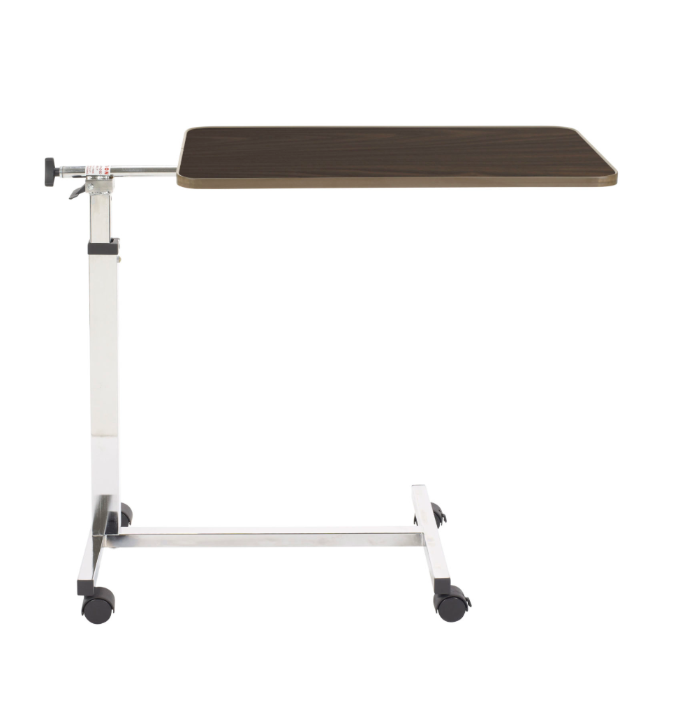 Adjustable overbed table with brown surface and metal frame on a white background