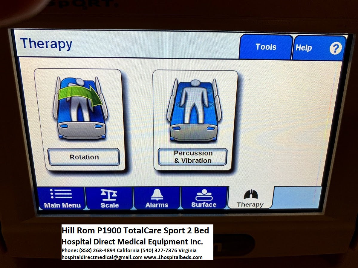 Hill-Rom-P1900-TotalCare-Sport-2- Medical equipment screen displaying therapy options with branding at the bottom.