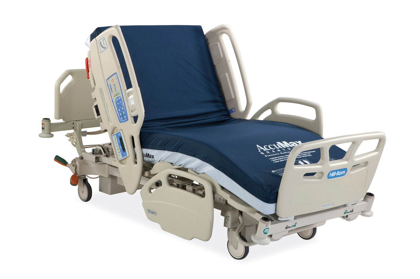 HillRomCareAssistEShospitalbedmodel Hospital bed with blue mattress on a white background