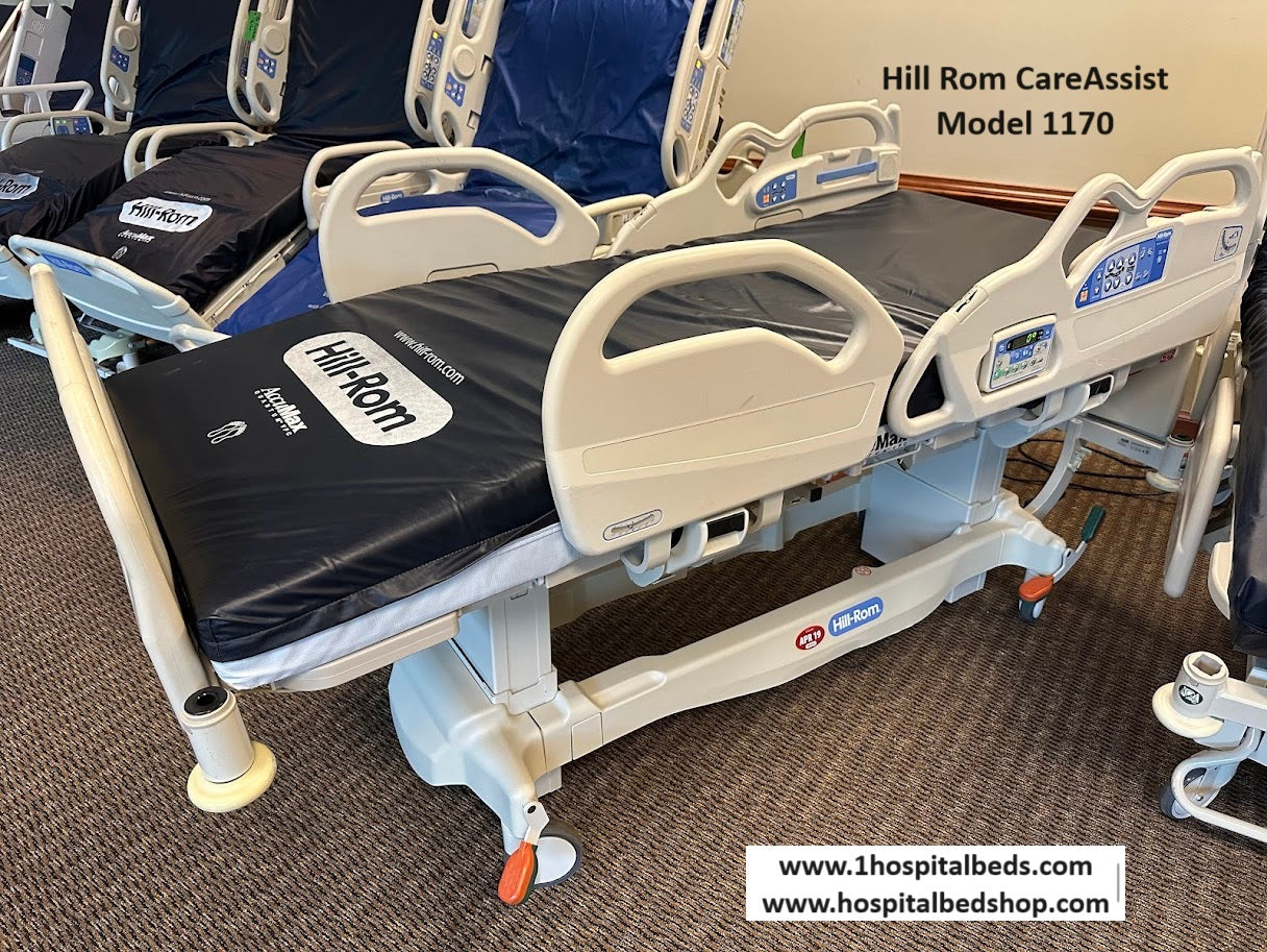 Hospital bed with foam mattress, Hill Rom 11170 Care Assist Bed in high position for patient care and comfort.