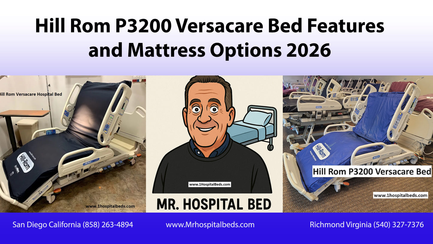 Hill Rom P3200 Versacare hospital bed with P500 air mattress system, featuring adjustable side rails and ergonomic design