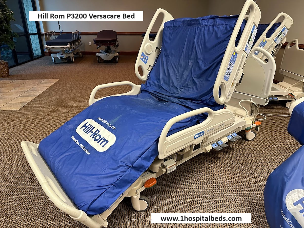 Hill Rom P3200 Versacare hospital bed with P500 air mattress system, showing the adjustable bed frame and mattress in a clinical setting.