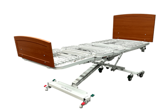 Med Mizer RetractaBed long-term care bed by Mr. Hospital Bed, featuring adjustable side rails and a sturdy frame for patient comfort.