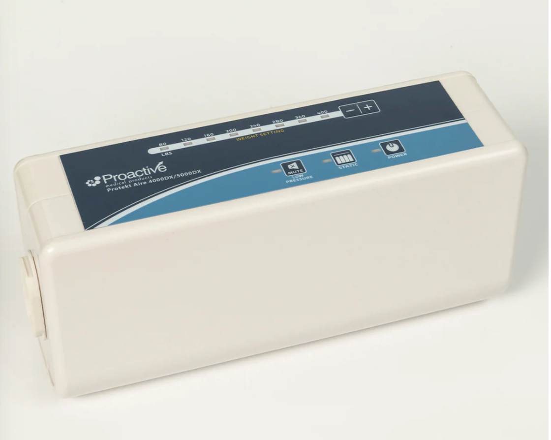 Mr. Hospital Bed Protekt Aire 4000DX air mattress pump with control panel and flexible hoses for adjustable comfort.
