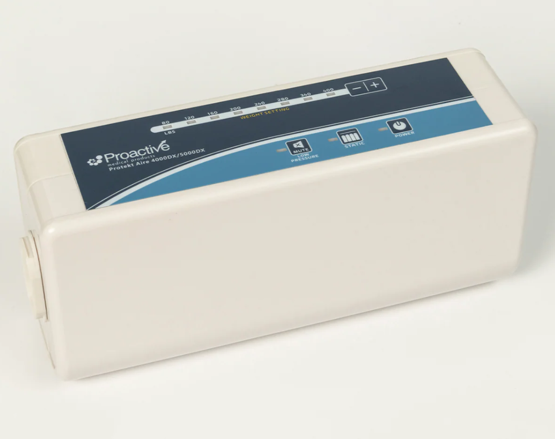 Mr. Hospital Bed ProTekt Aire 5000DX air mattress pump with control panel, compact and portable for easy inflation.