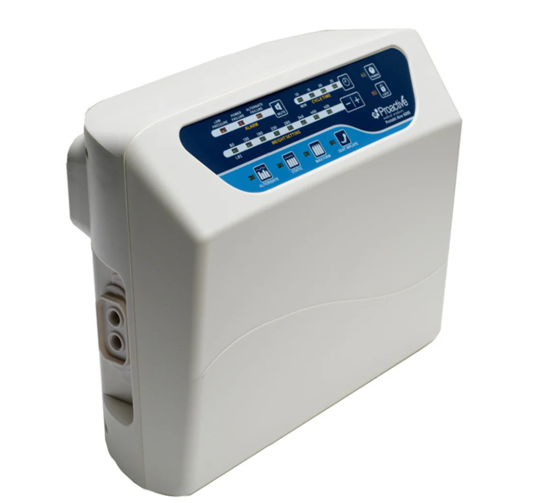 Mr. Hospital Bed Protekt Aire 6000 air mattress pump, compact and portable device for adjustable air support.