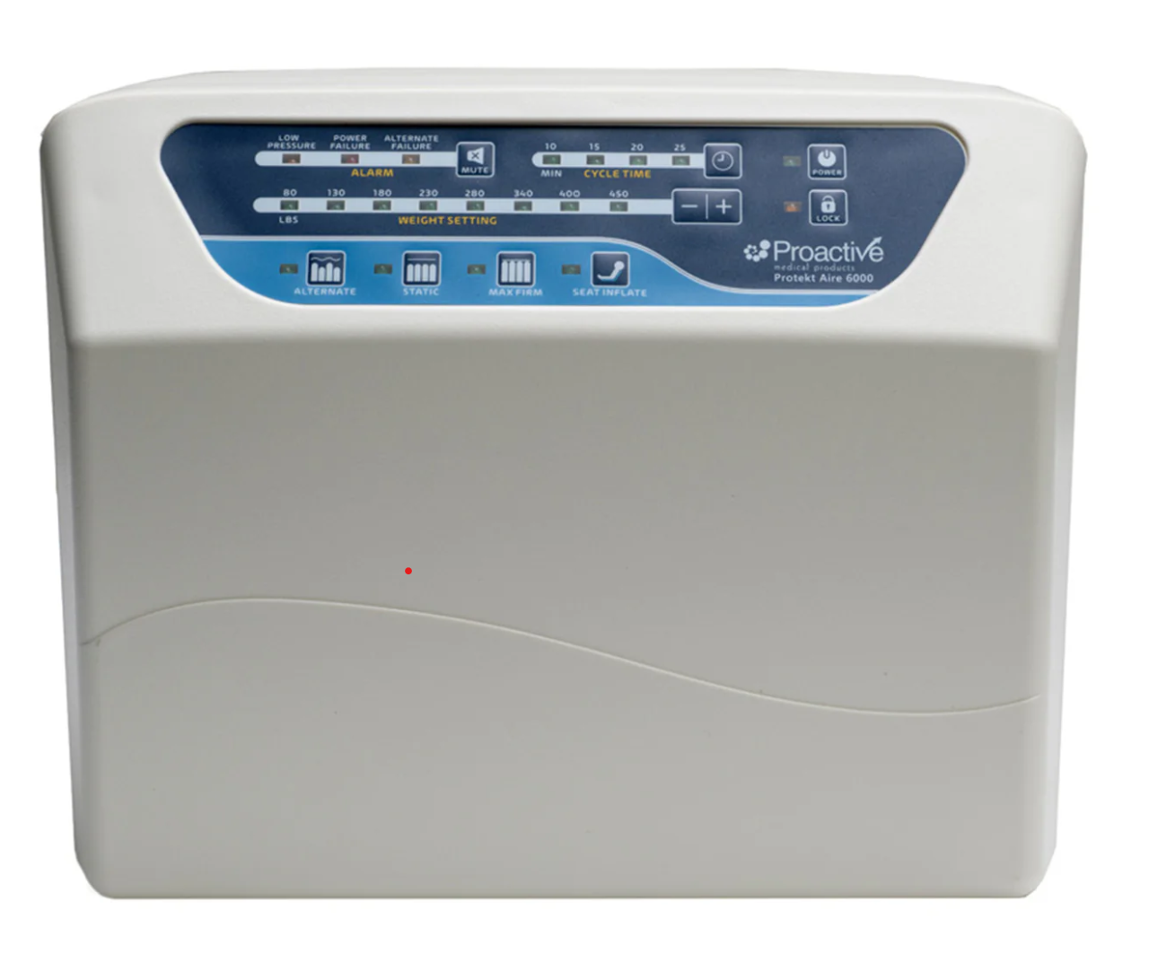 Protekt® Aire 6450 air mattress pump by Mr. Hospital Bed, showing the compact pump unit used for adjustable support.