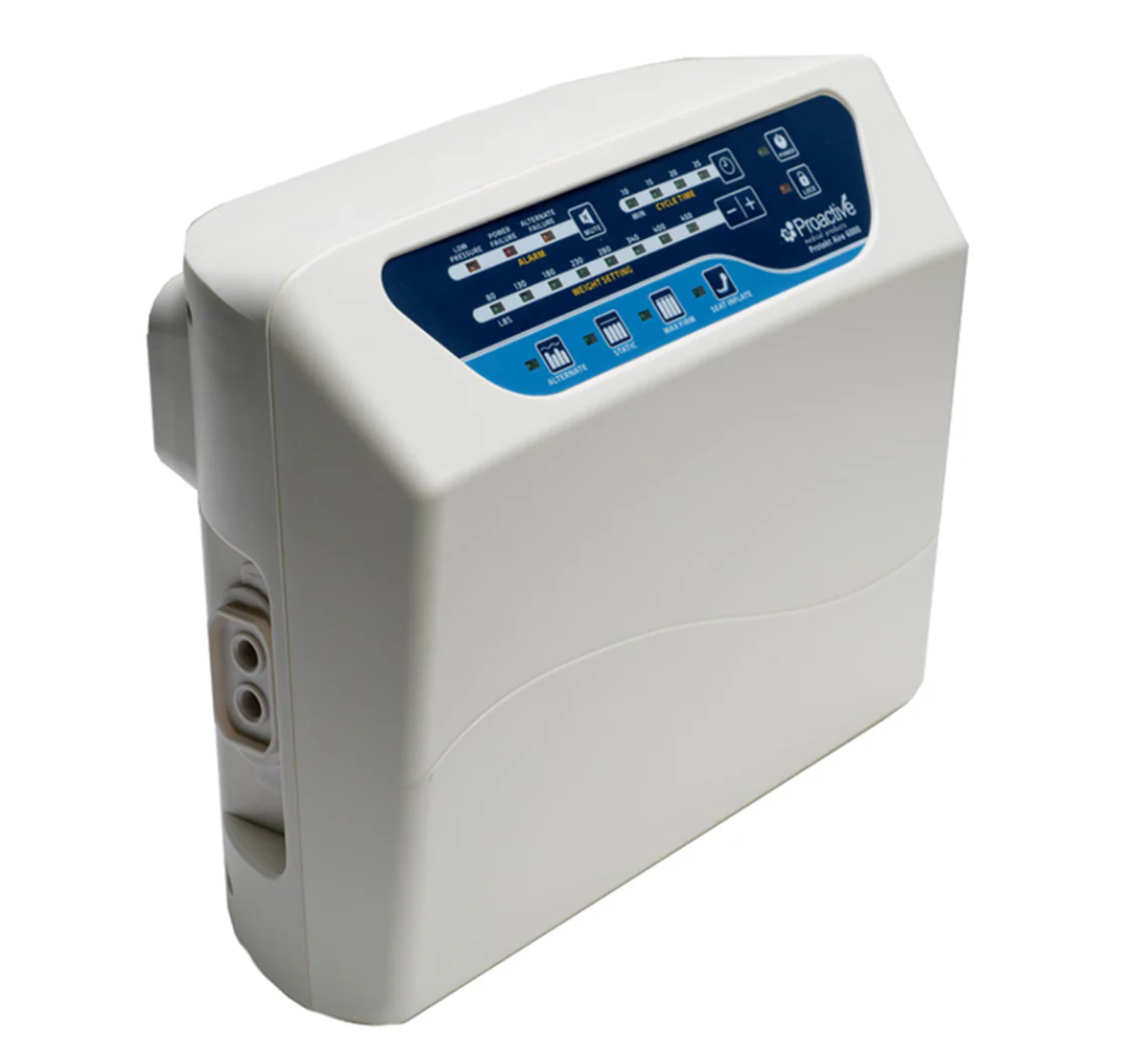Mr. Hospital Bed Protekt Aire 6400 air mattress with pump, showcasing the inflatable design and control interface.