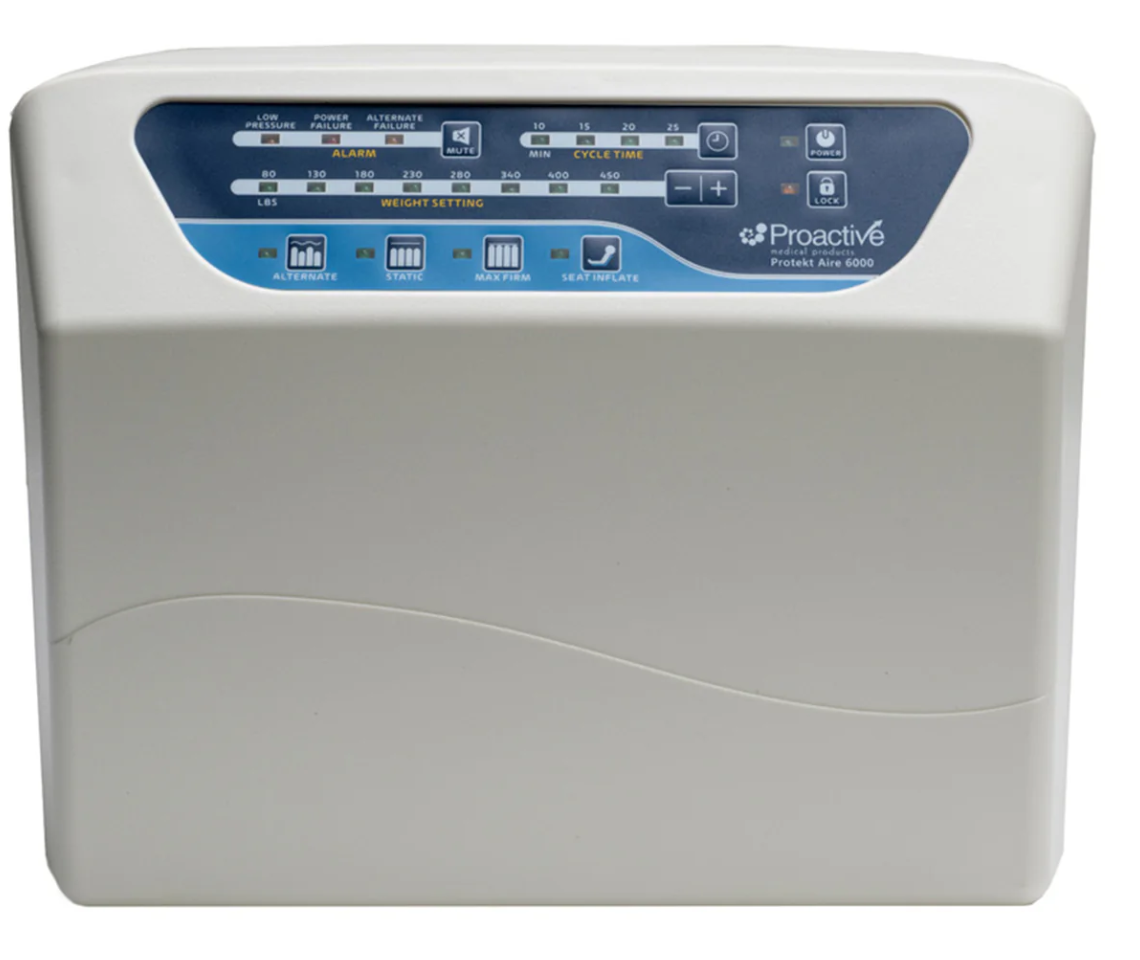 Mr. Hospital Bed Protekt Aire 6400 air mattress with pump, showing the inflated mattress and adjustable air control panel.