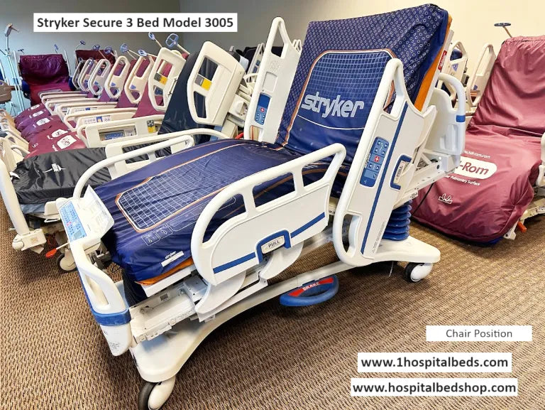 Stryker Secure 3 Bed Model 3005 hospital bed in a chair position with multiple beds in the background.