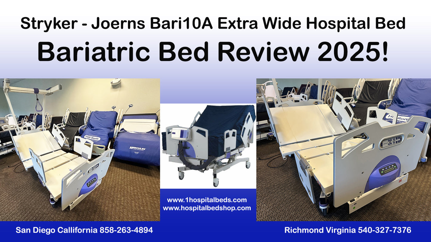 Stryker Joerns Bari10A bariatric hospital bed with extra-wide frame, adjustable side rails, and control panel for patient comfort.