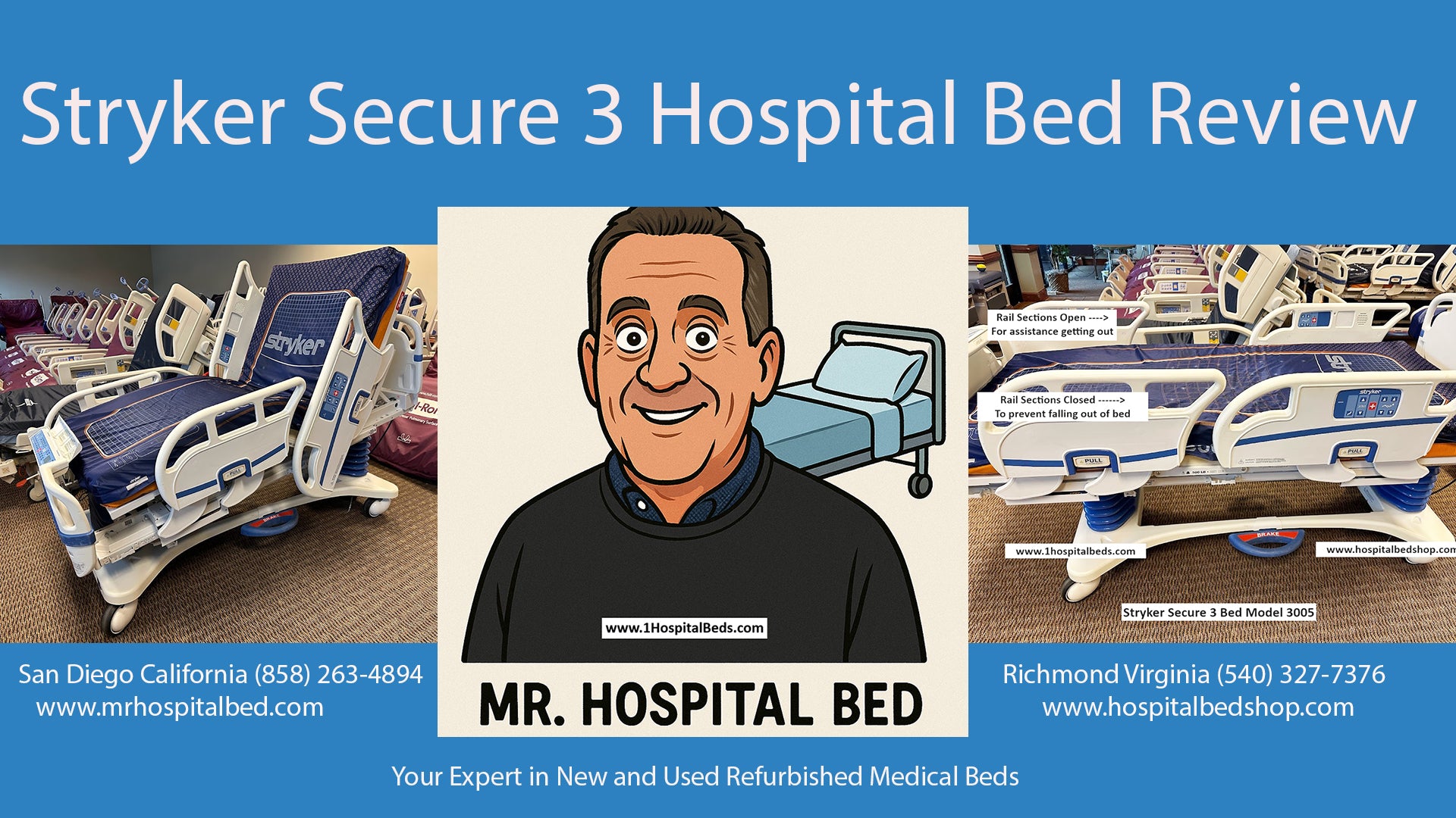 Stryker Secure 3 Model 3005 hospital bed with integrated air mattress, featuring adjustable side rails and electronic controls.