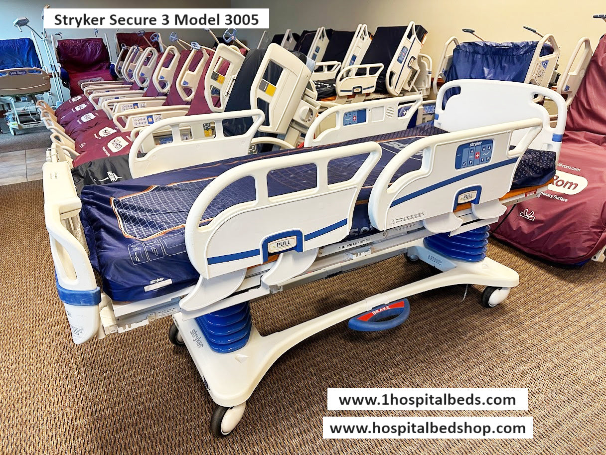 Stryker Secure 3 Model 3005 hospital bed with air mattress and adjustable side rails, designed for patient comfort and care.