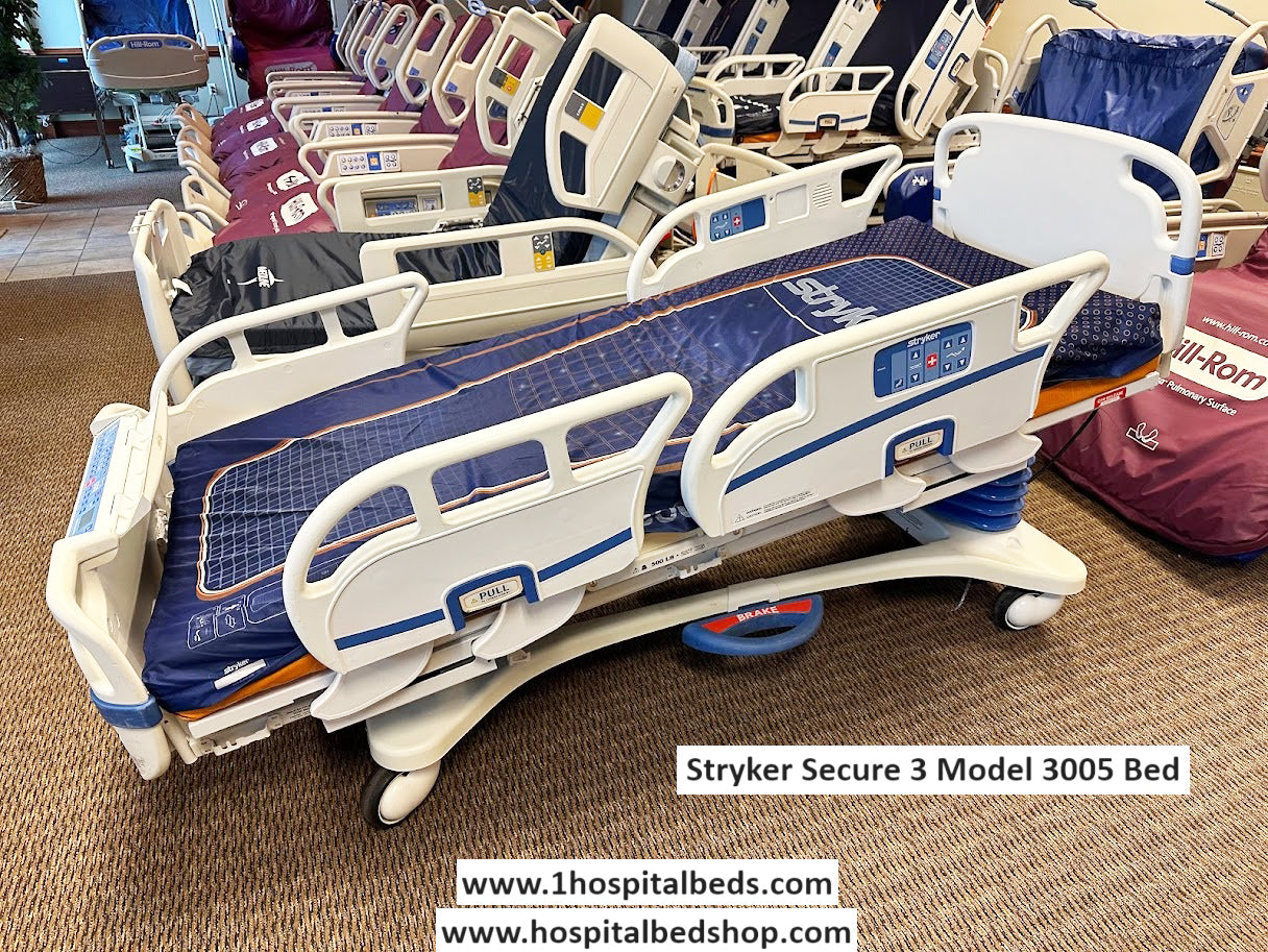 Stryker Secure 3 Model 3005 hospital bed with air mattress and adjustable side rails, designed for patient comfort and care.