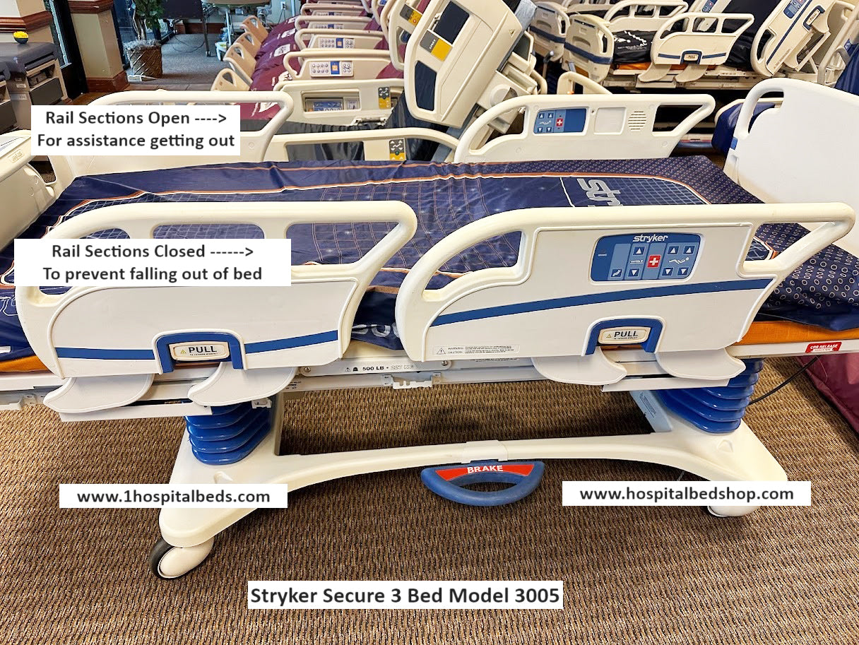 Stryker Secure 3 Model 3005 hospital bed with built-in air mattress and adjustable features for patient comfort and care.