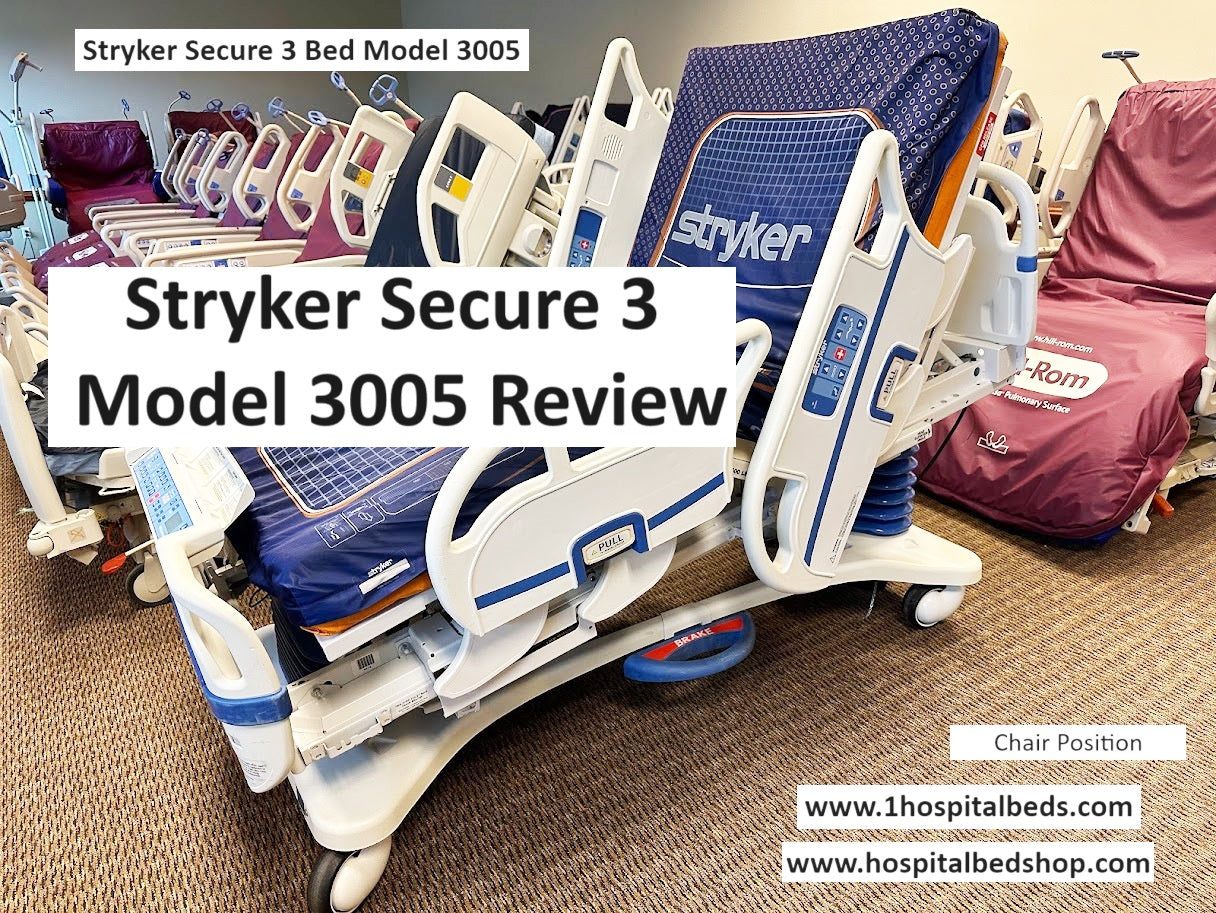 Stryker Secure 3 Model 3005 hospital bed with air mattress, featuring adjustable side rails and medical-grade design.