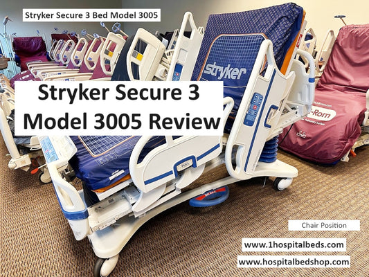 Stryker Secure 3 Model 3005 hospital bed with air mattress, featuring adjustable side rails and medical-grade design.