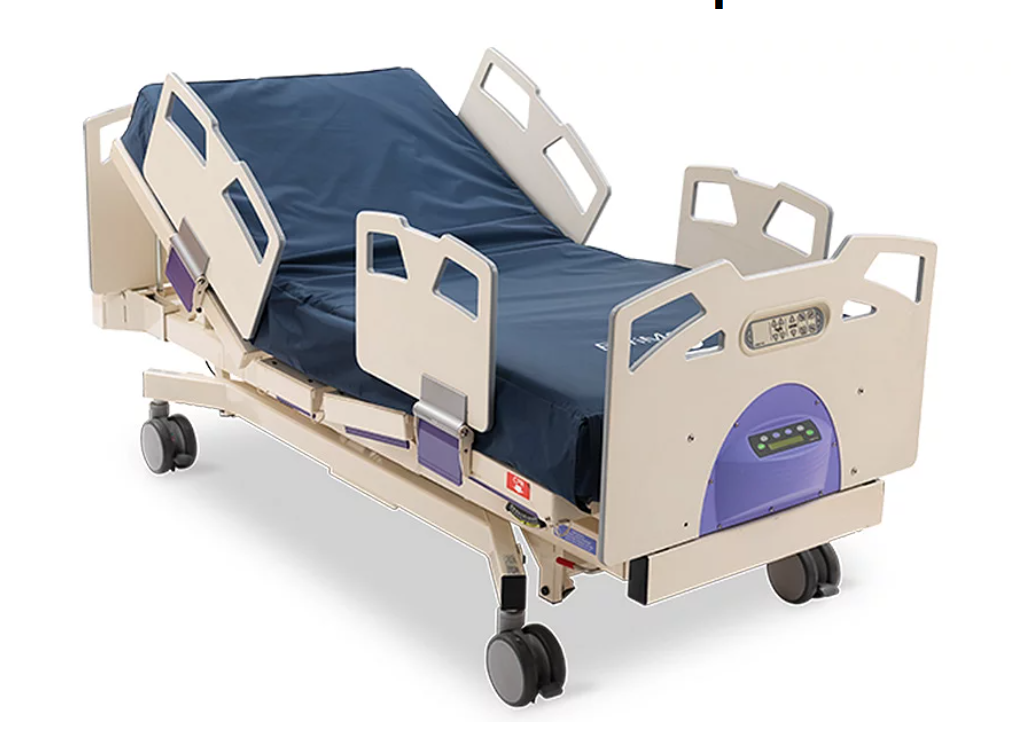 Bari10A Stryker Joerns bariatric hospital bed with adjustable side rails and sturdy frame for bariatric patient care.