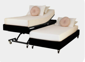 An adjustable electric bed frame shown in two positions, with white mattresses, white pillows, and round pink accent pillows on a light gray background.